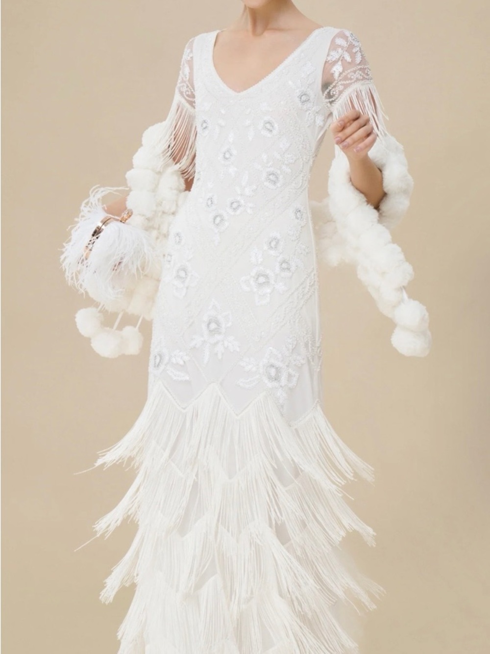 Ivory Beaded Fringe V-Neck Maxi Dress with Floral Appliqué - Picture 2 of 9